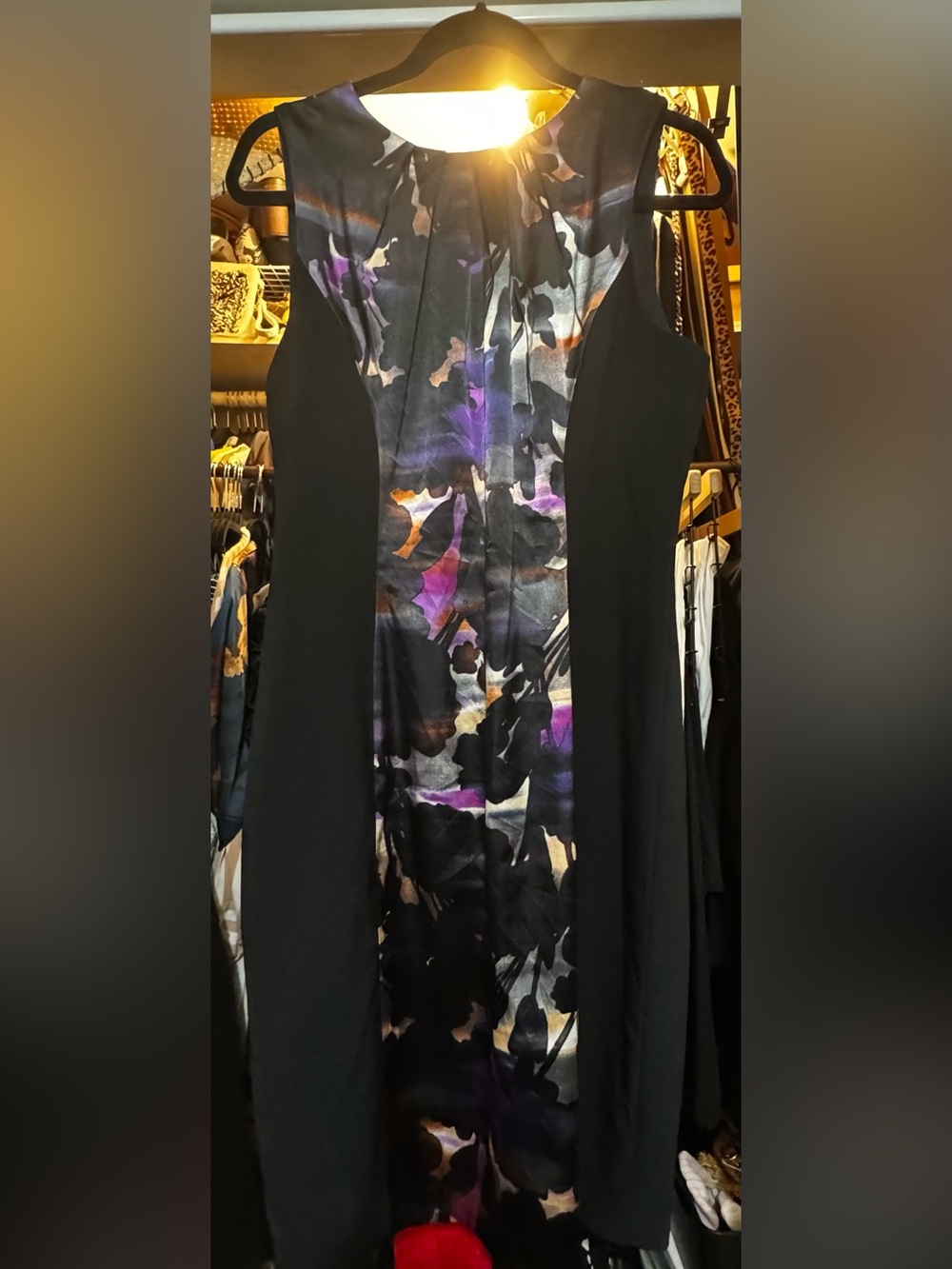 Sleeveless Black Dress with Abstract Purple Print